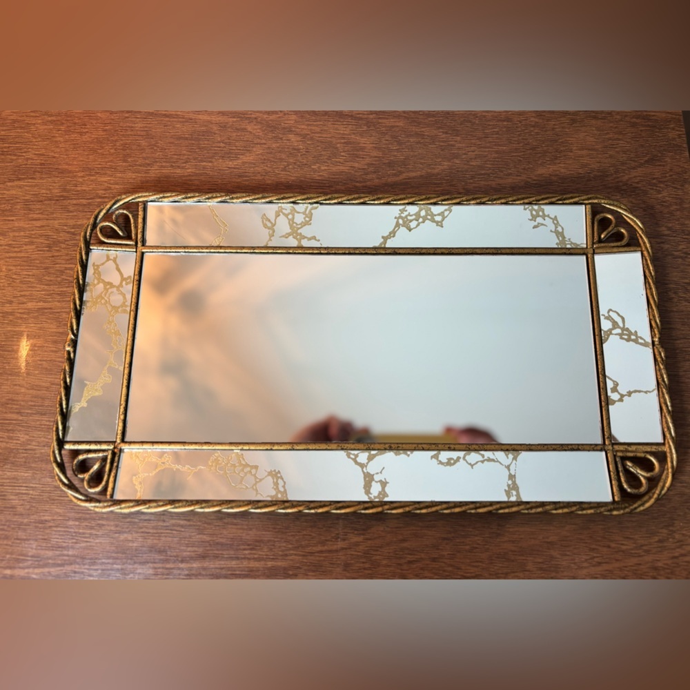 Vintage Ornate Gold Vein Vanity or Wall Mirror With Decorative Trim